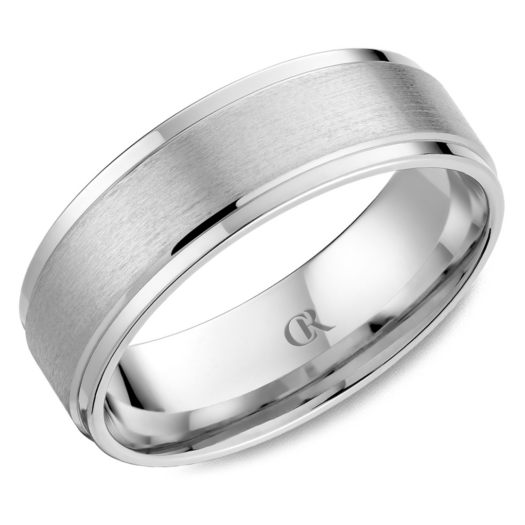 Men's White Gold Stepped Down Edges Band with Sandpaper Finish 
Top W