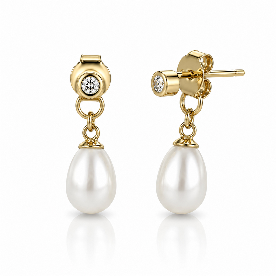 Sterling Silver Yellow Gold Dangle Pearls Cubic Zirconiums Stud Earrin
