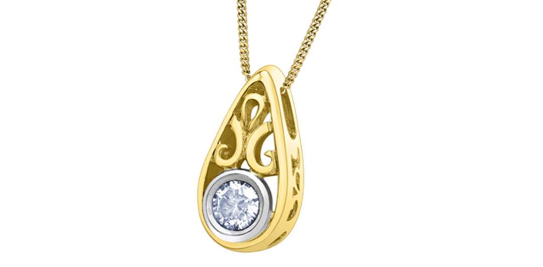 10K Yellow & White Gold Diamond Teardrop Polished Pendant Necklace