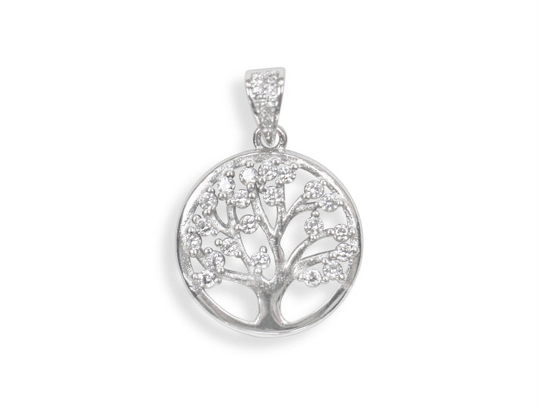 Sterling Silver White Polished Tree of Life Pendant with Cubic Zirconi