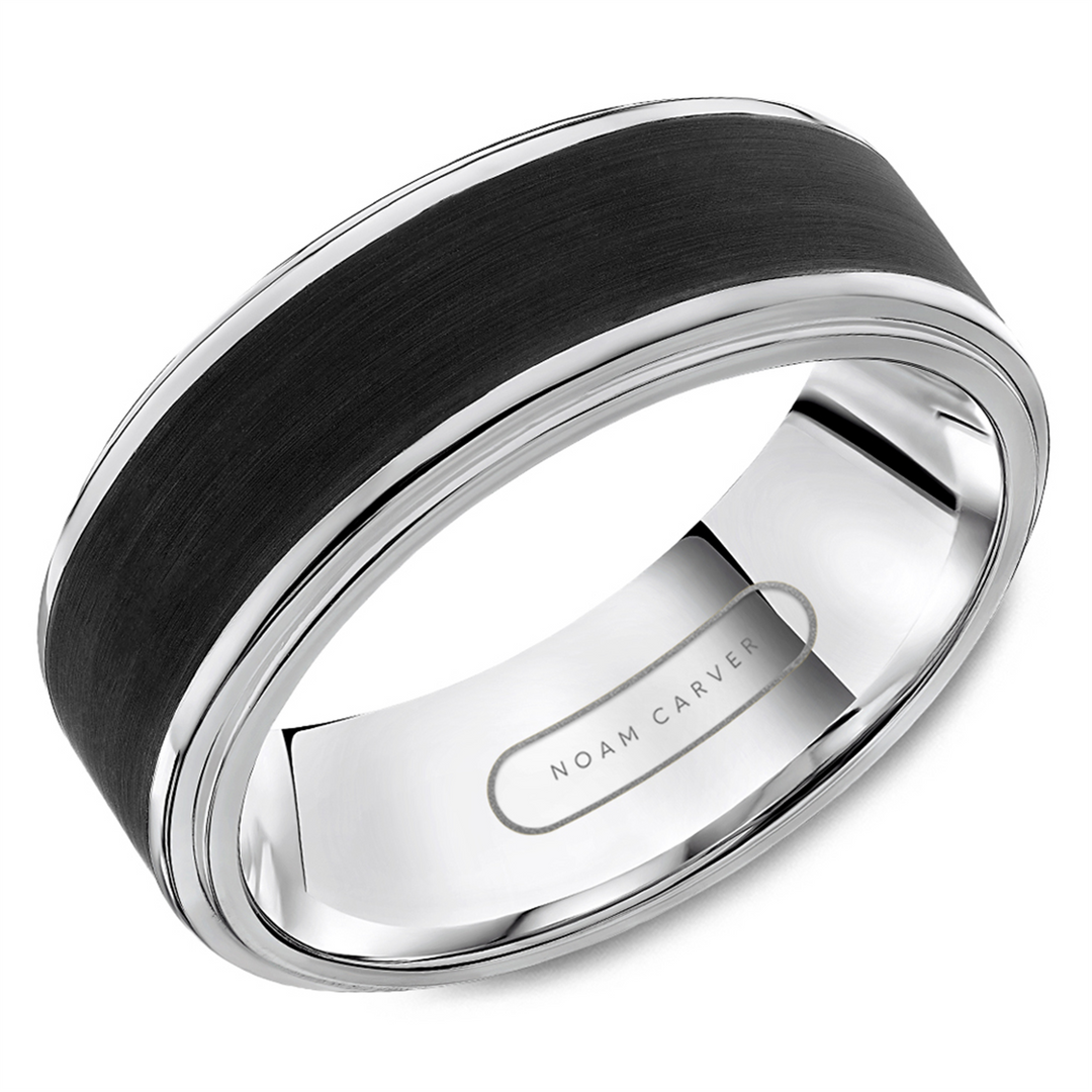 Men's White Gold Stepped Down Edges Band with Polished Finish and Enam