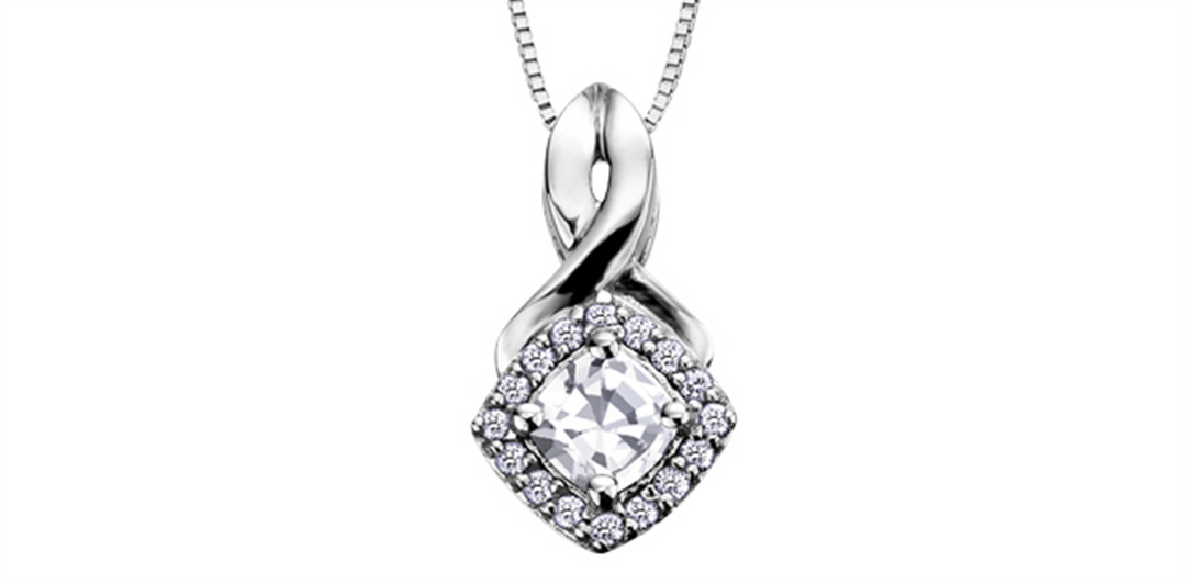 10K White Gold Halo Polished White Zirconium Diamonds Pendant Necklace