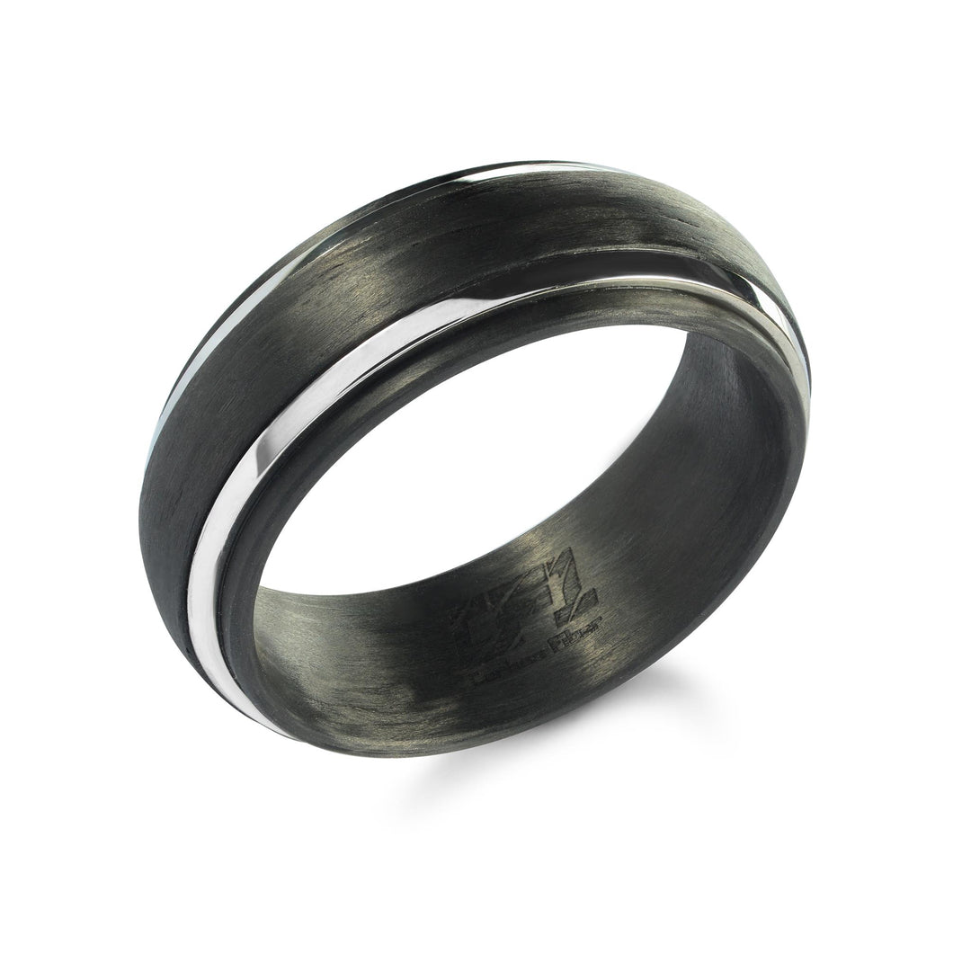 Black Carbon Fibre Satin Domed Band Band with Stainless Steel Inlay 
Width: 8mm