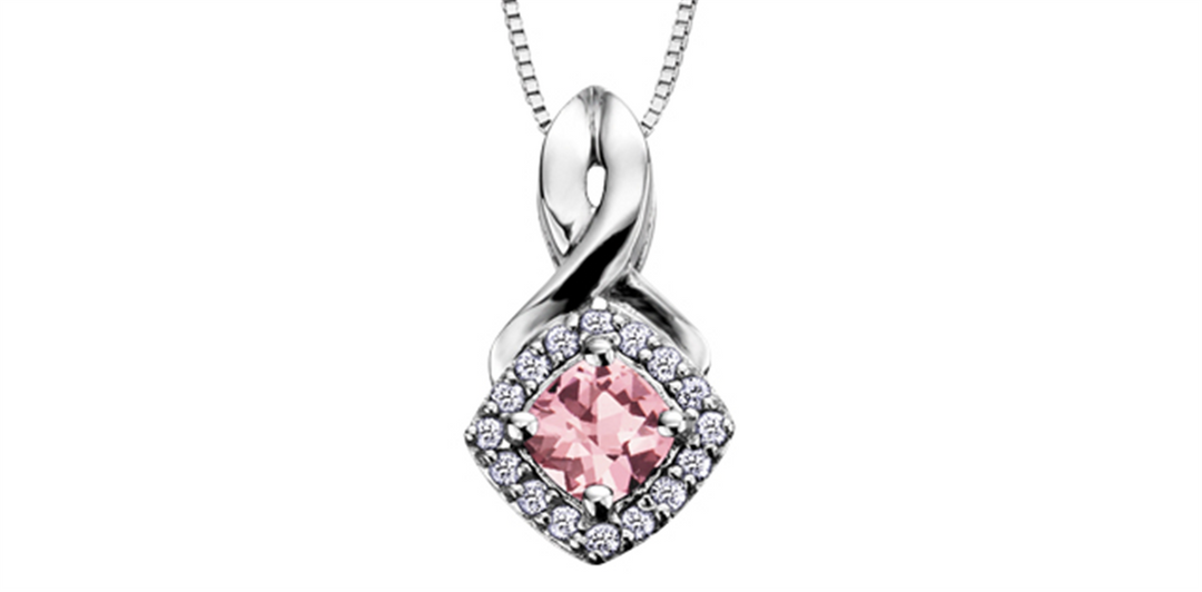 10K White Gold Halo Polished Pink Tourmaline Diamonds Pendant Necklace