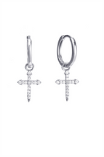 Load image into Gallery viewer, White Sterling Silver Cubic Zirconium Cross Polished Small Hoop Earrin
