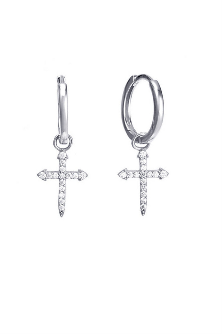 White Sterling Silver Cubic Zirconium Cross Polished Small Hoop Earrin