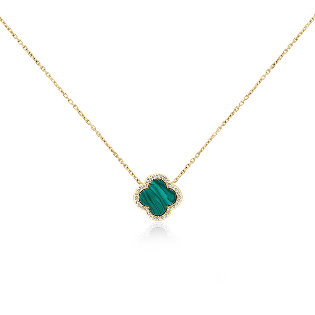 Yellow Sterling Silver Malachites Clover Polished Pendant Necklace