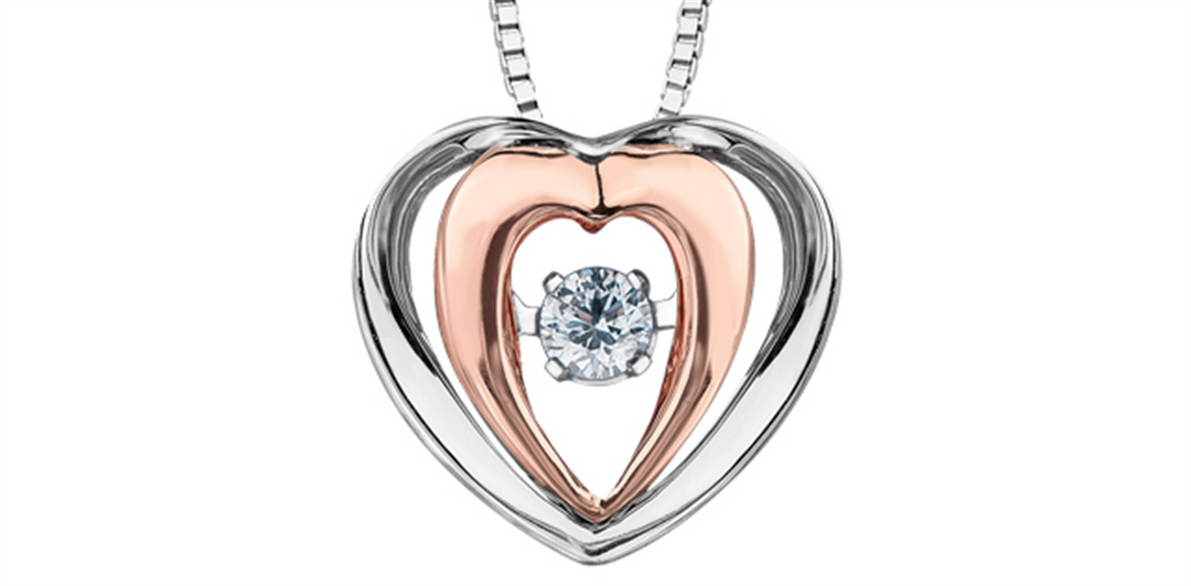 10K Rose & White Gold Diamond Heart Dancing Stone Pendant Necklace