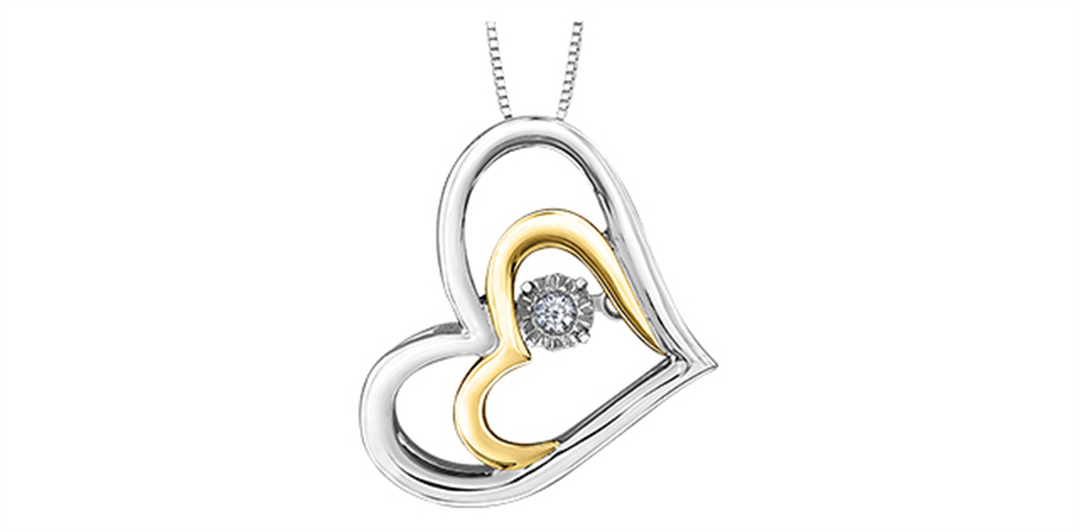 Silver + 10K Yellow Gold Diamond Heart Polished Dancing Stone Pendant