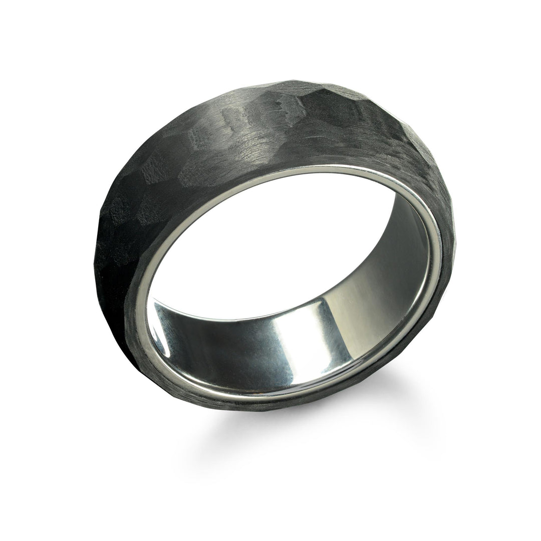 Black Carbon Fibre Hammered Domed Band Band with Stainless Steel Inlay 
Width: 8mm