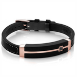 Load image into Gallery viewer, Rose Stainless Steel Black Spinel Leather Bracelet 
Length: 8.5&quot;
Wid
