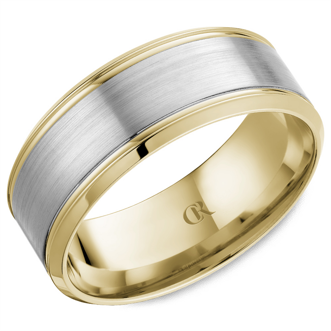 Men's White & Yellow Gold Bevel Band with Sandpaper Finish 
Top Width
