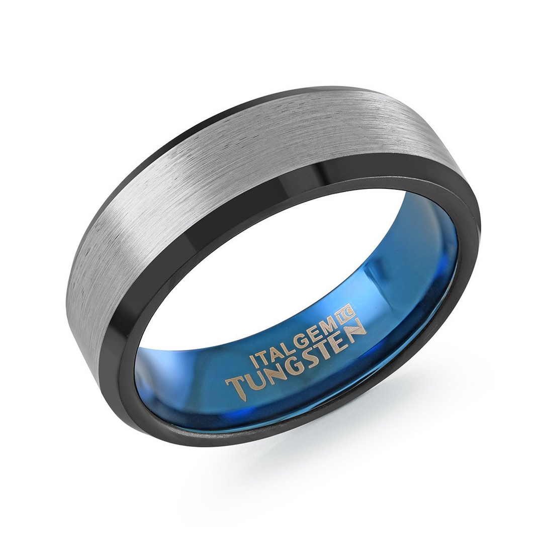 Brushed Blue with Steel Centre and Black Tungsten Bevel Band 
Width: