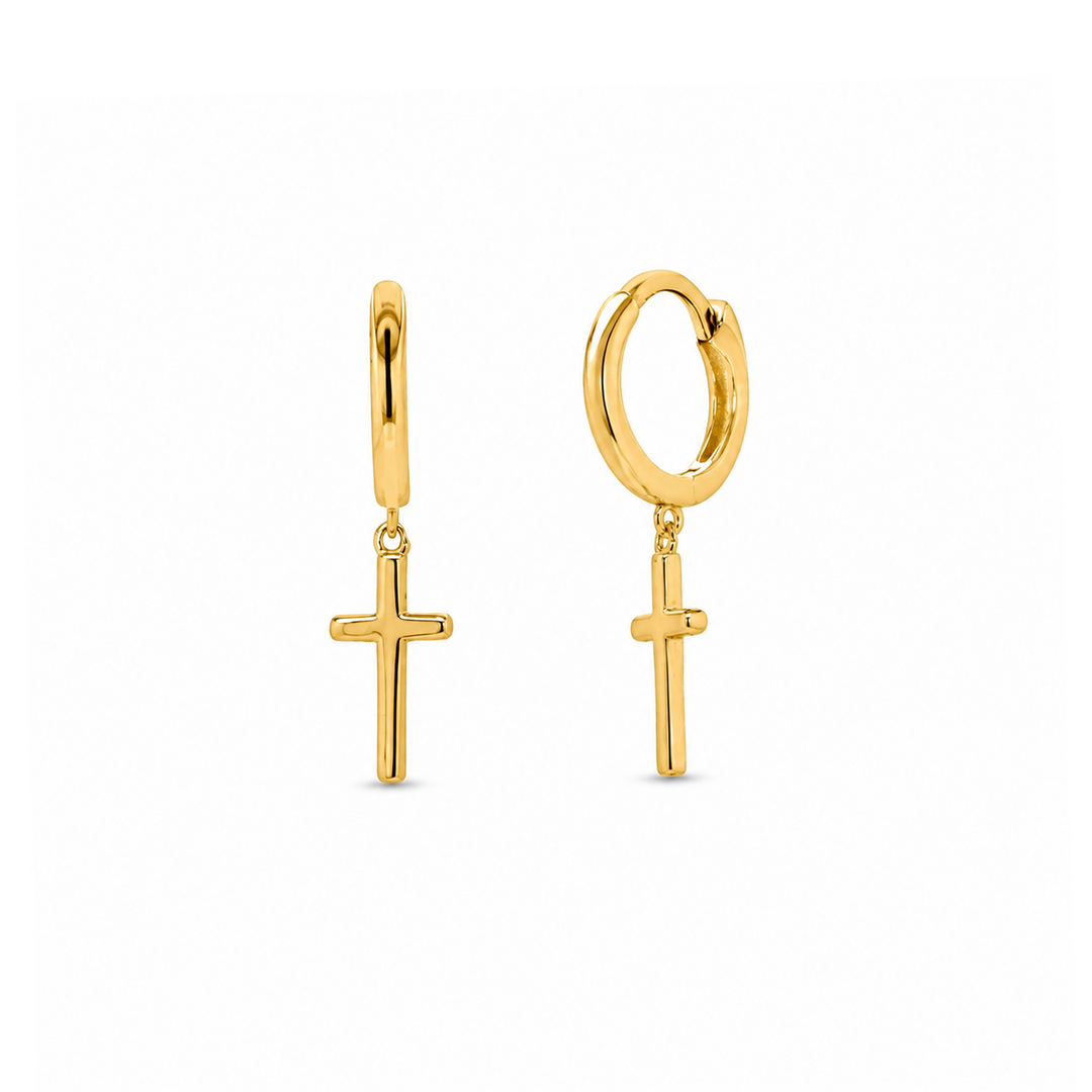 Yellow Gold Vermeil Sterling Silver Cross Charm Polished Huggie Earrin