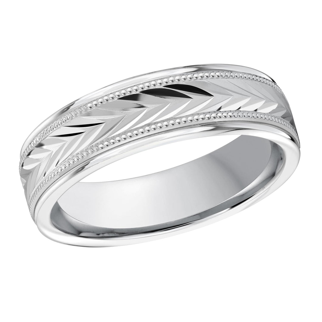 Men's 10K White Gold Stepped Down Edges Band with Diamond Cut Finish