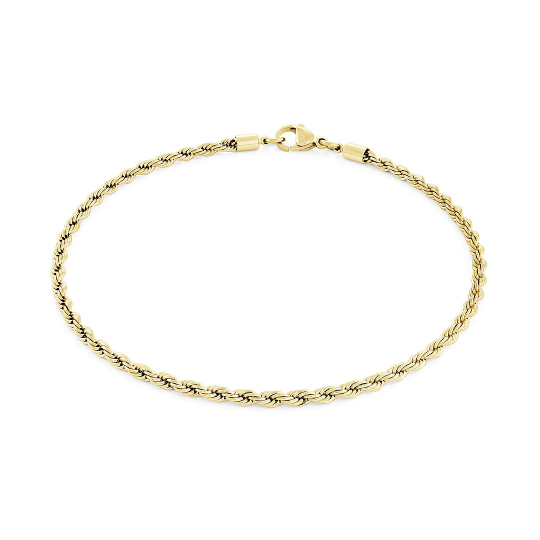 Gold Stainless Steel Rope Anklet 
Length: 10"
Width: 3mm
Finish: Po