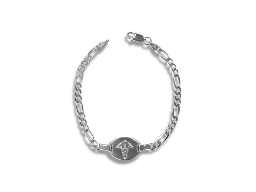 Sterling Silver Medical Figaro Bracelet 
Top Width: 4mm
Length: 7.5"