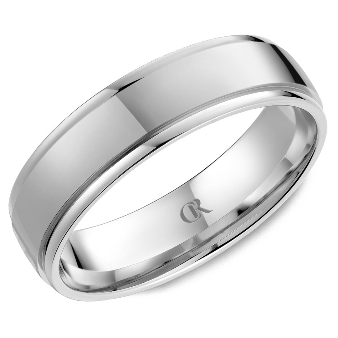 Men's White Gold Stepped Down Edges Band with Polished Finish 
Top Wi