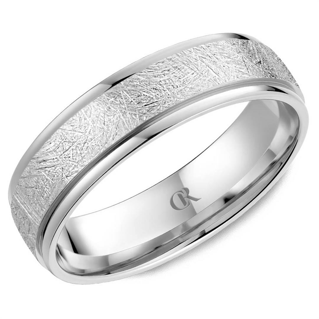 Men's White Gold Stepped Down Edges Band with Diamond Brushed Finish