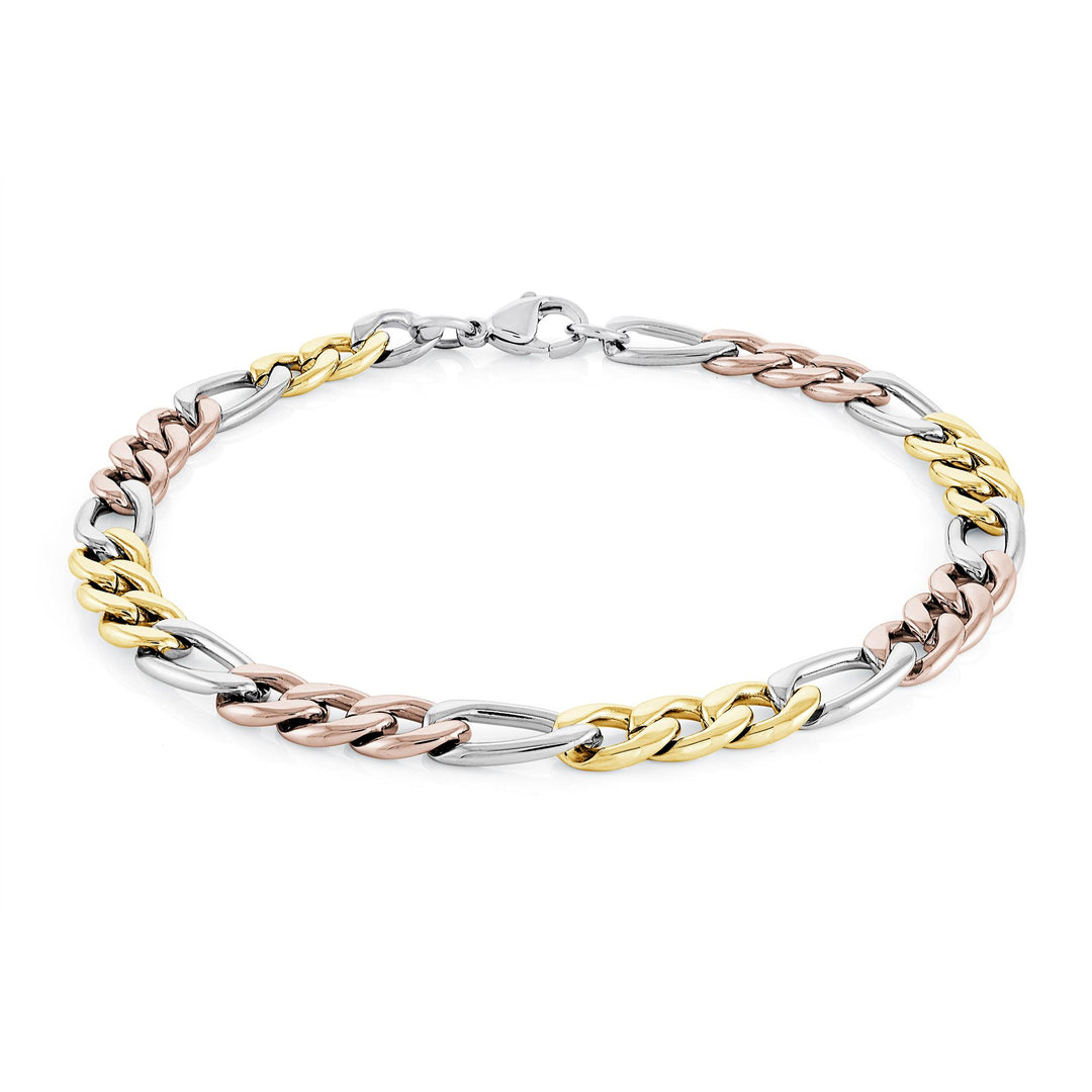 Tri-Colour Stainless Steel Figaro Bracelet 
Length: 7.25"
Width: 6mm