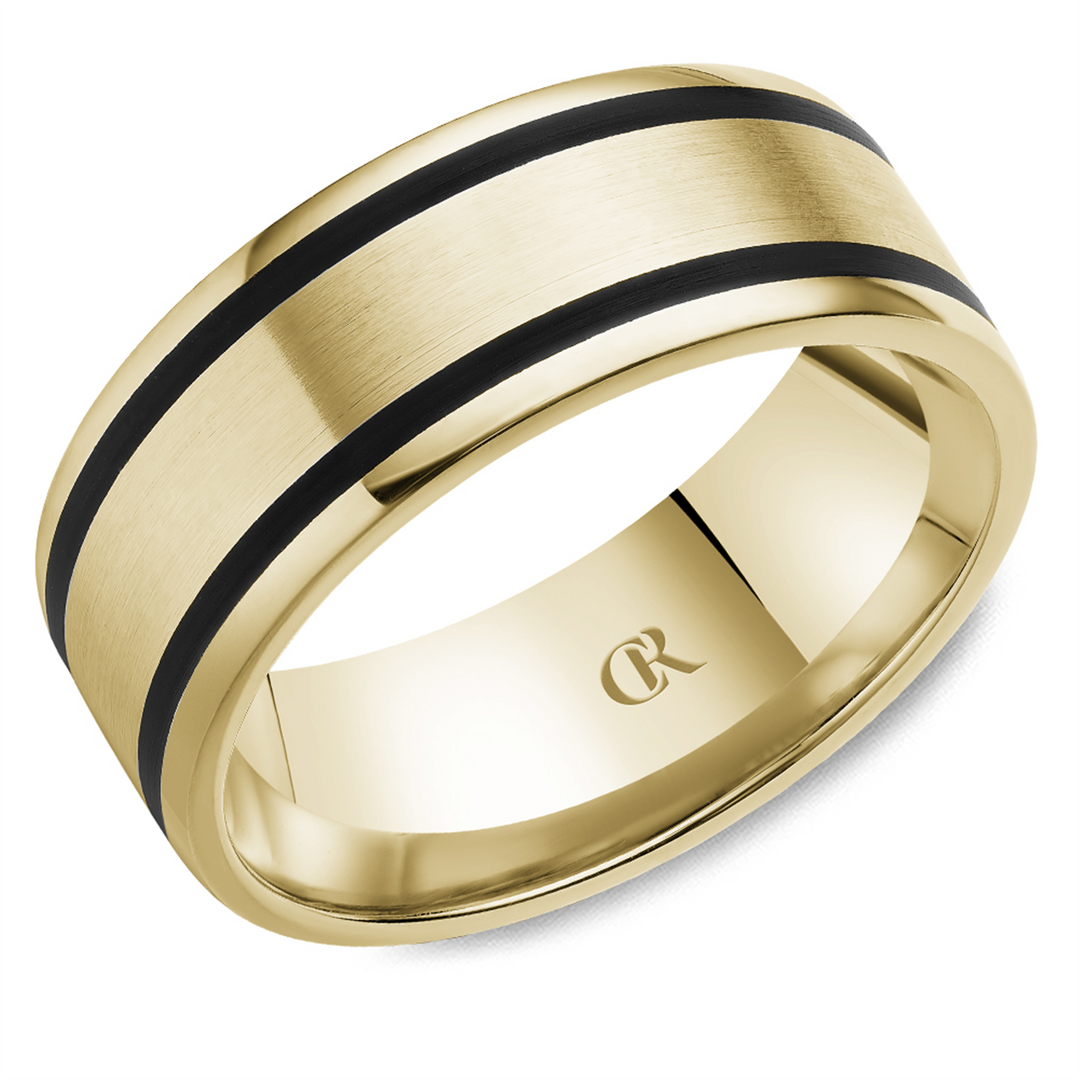 Men's Yellow Gold Flat Band with Sandpaper Finish and Enamel Inlay
To