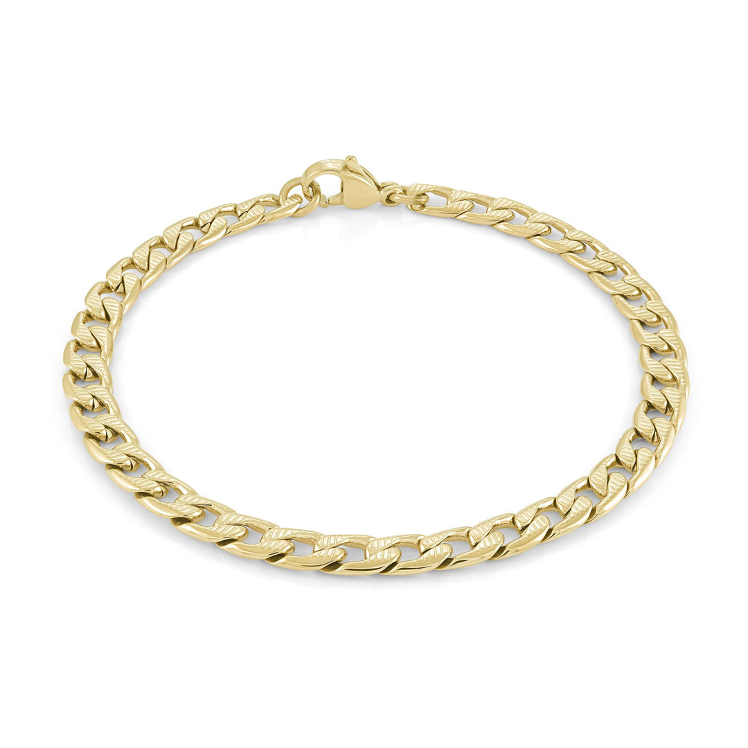 Gold Stainless Steel Curb Bracelet 
Length: 7.25"
Width: 5mm
Finish