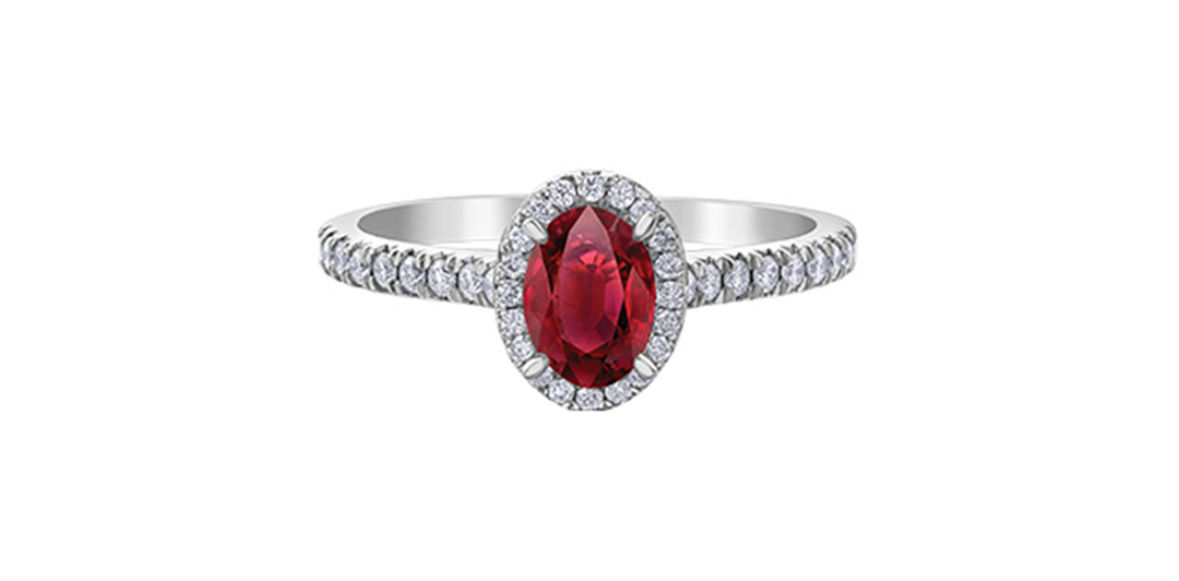 10K White Gold Halo Ruby and Diamonds Ring