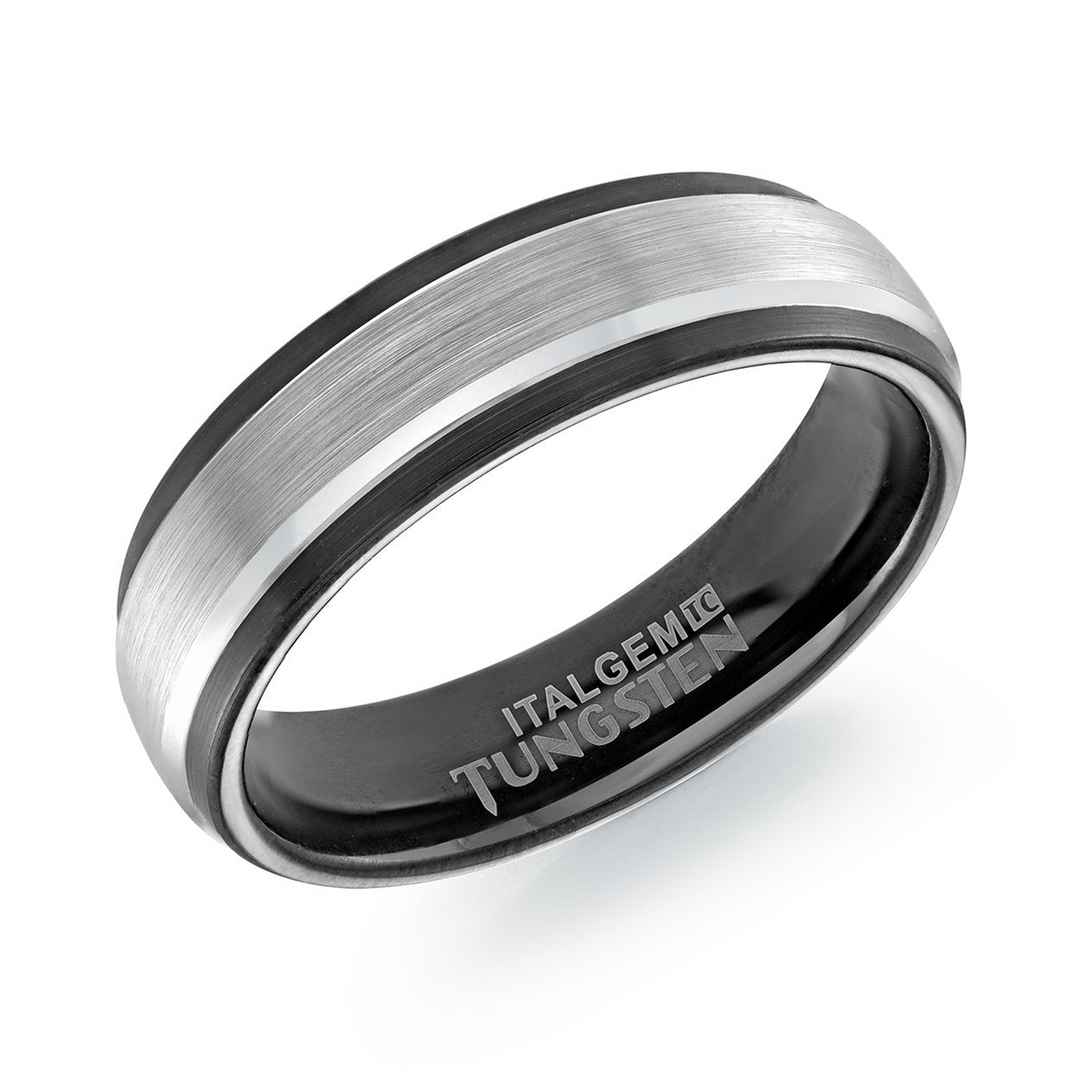 Black with Brushed Steel Centre Tungsten Stepped Down Edges Band 
Wid