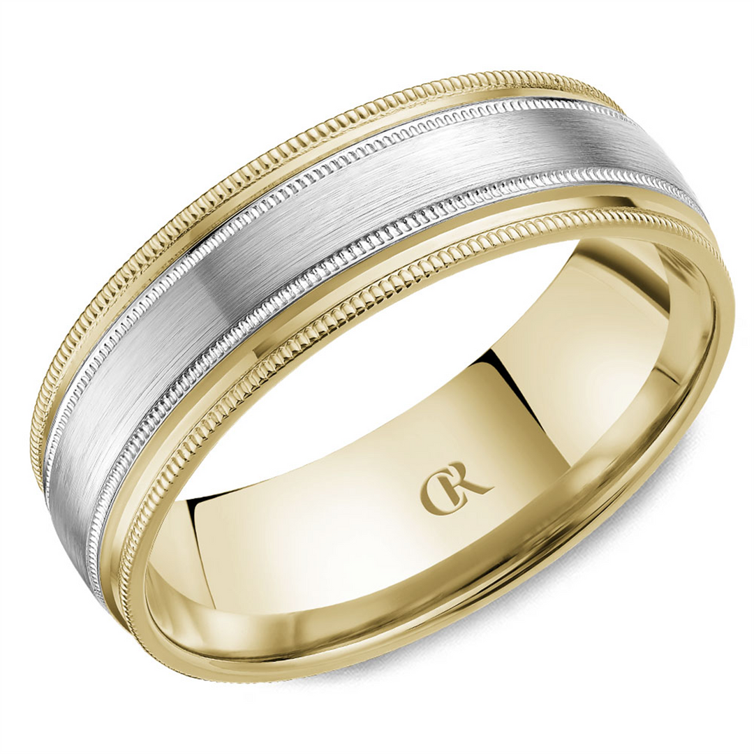 Men's White & Yellow Gold Domed with Milgrain Band with Sandpaper Fini