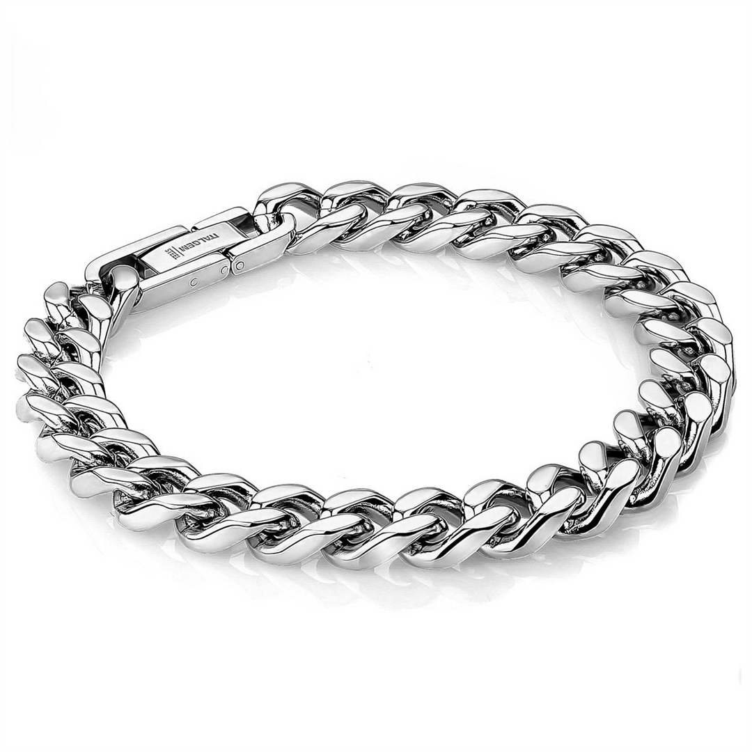 White Stainless Steel Curb Bracelet 
Length: 8.5"
Width: 9.4mm
Fini