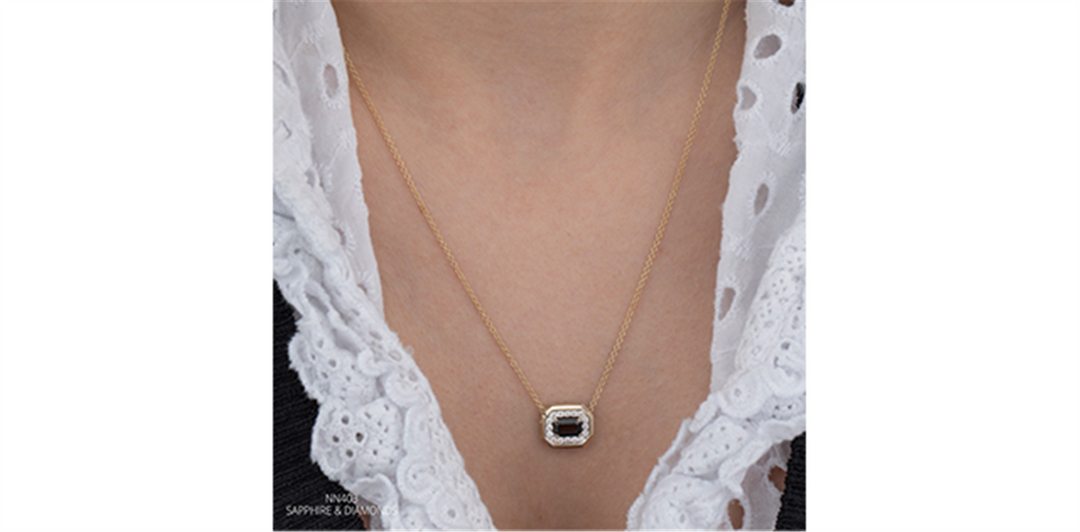 10K Yellow Gold Octagon Polished Sapphire Diamonds Pendant Necklace