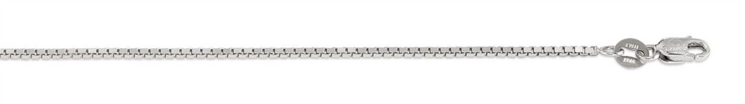 10K White Gold Solid Box Chain 
Length: 18"
Width: 1.1mm
Finish: Po