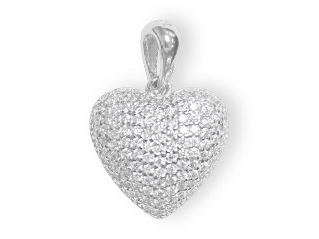 Sterling Silver White Polished Pave Heart Pendant with Cubic Zirconium