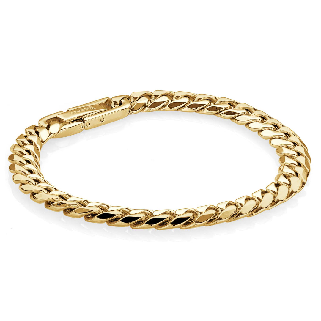 Gold Stainless Steel Curb Bracelet 
Length: 7" + 1"
Width: 7.7mm
Fi