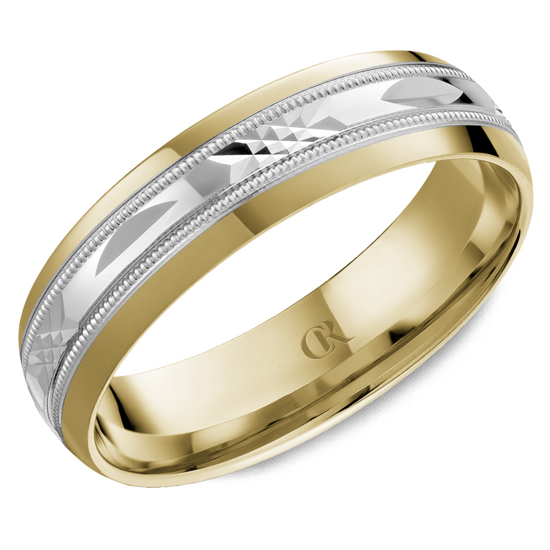 Men's White & Yellow Gold Domed Band with Diamond Cut Finish 
Top Wid