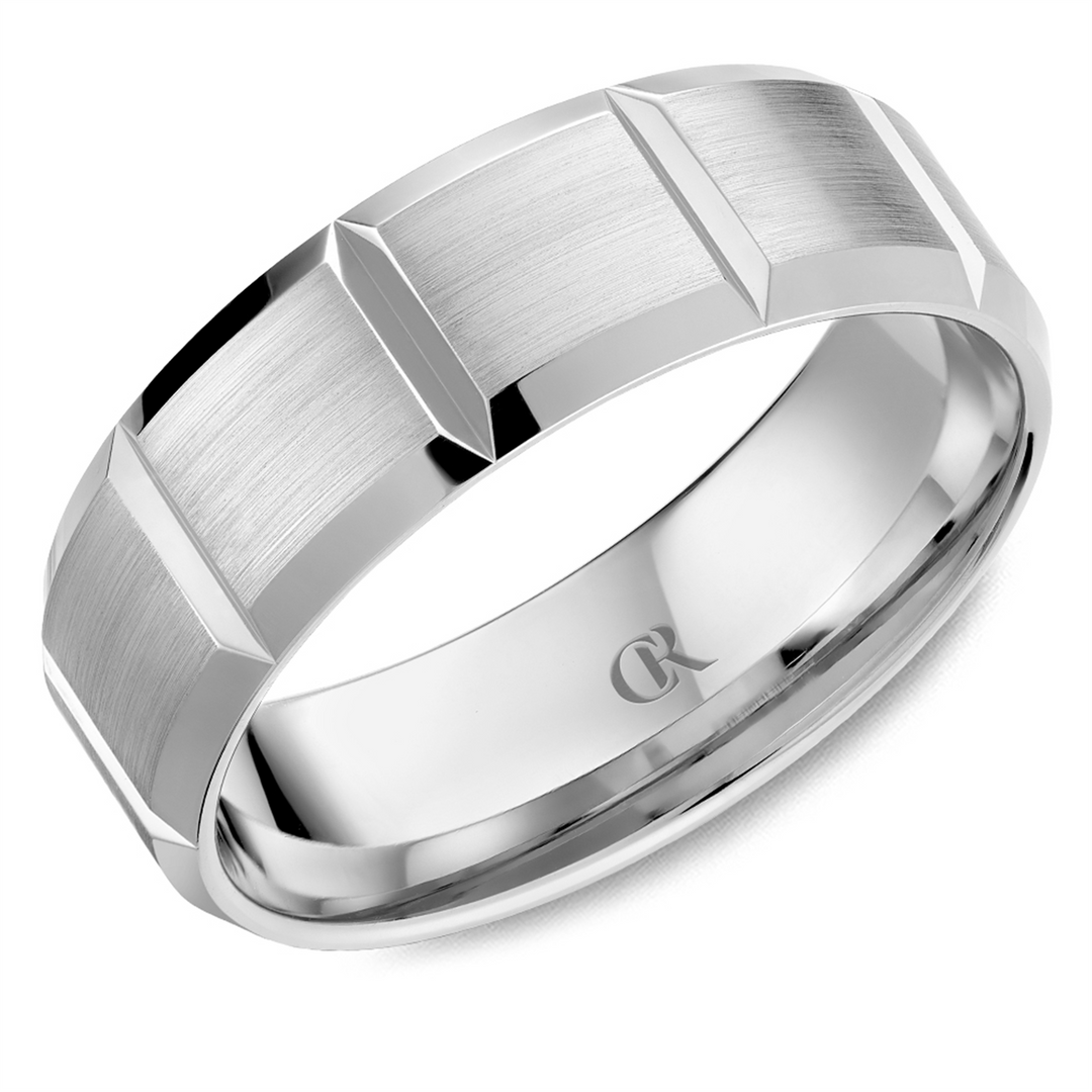Men's White Gold Bevel Band with Sandpaper Finish 
Top Width: 7 mm
R
