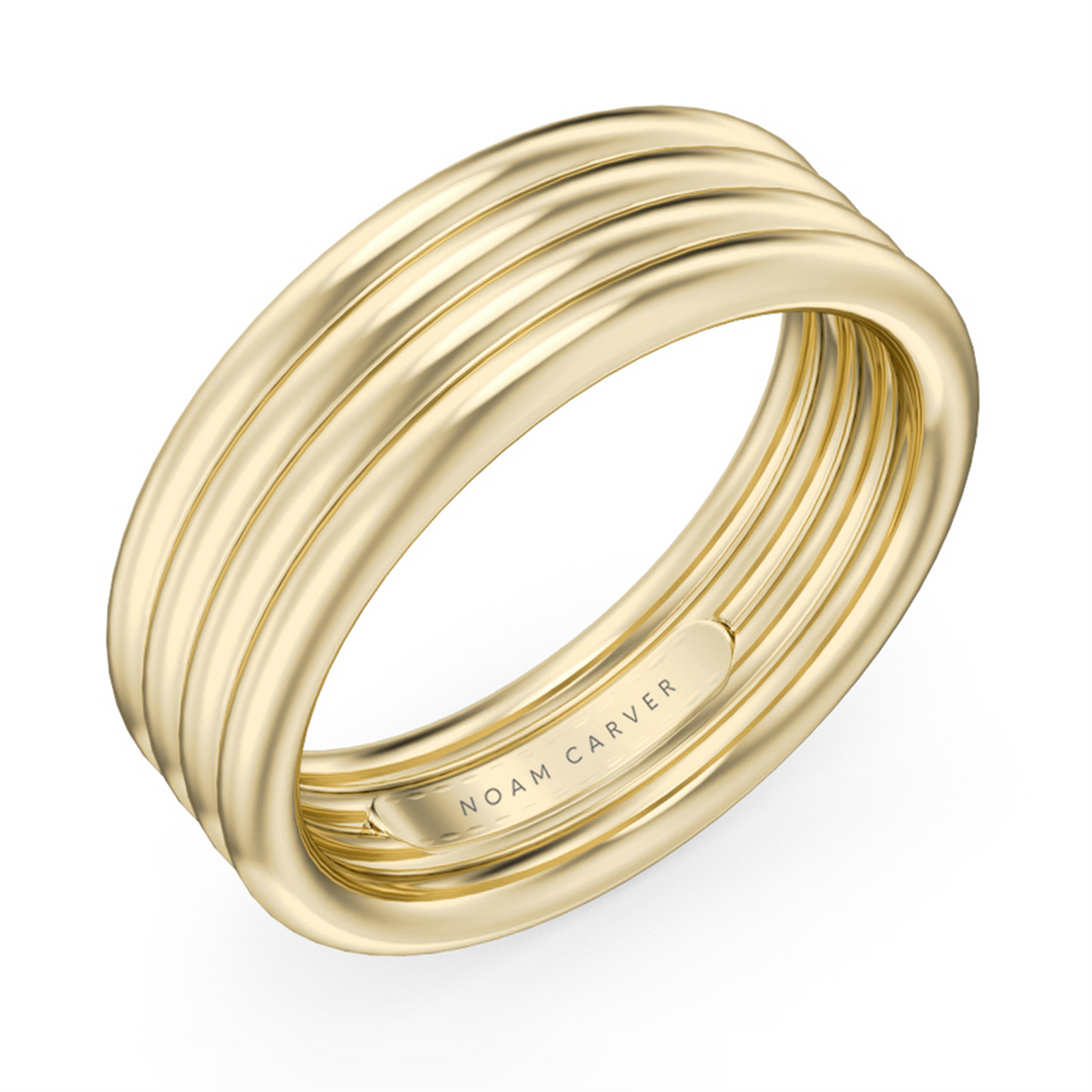Men's Yellow Gold Ridged Band with Polished Finish 
Top Width: 7 mm
