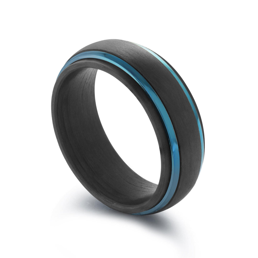 Black Carbon Fibre Brushed Domed Band Band with Stainless Steel Inlay 
Width: 8mm