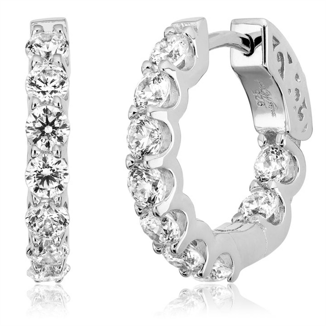White Sterling Silver Cubic Zirconium Round Polished Huggie Earrings