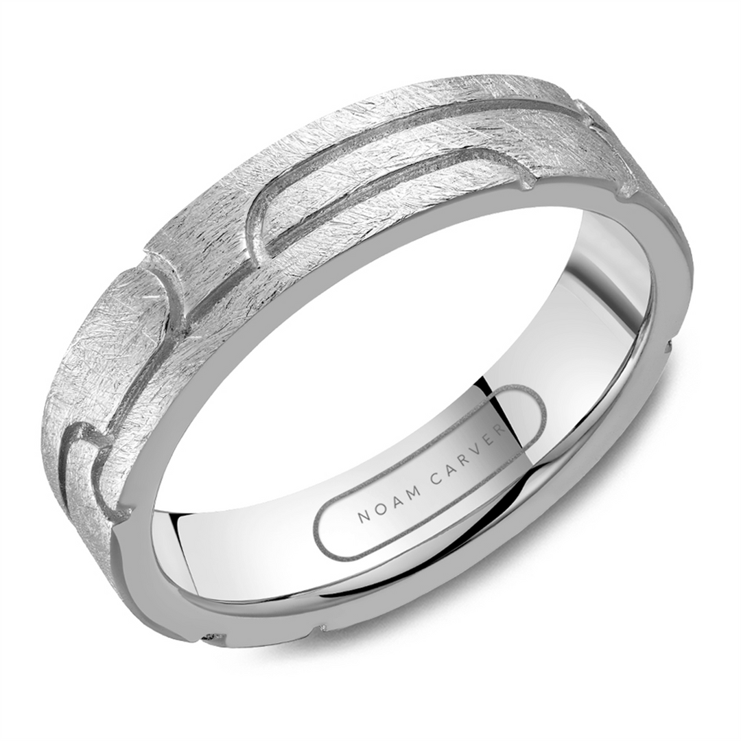 Men's White Gold Carved Band with Diamond Brushed Finish 
Top Width: