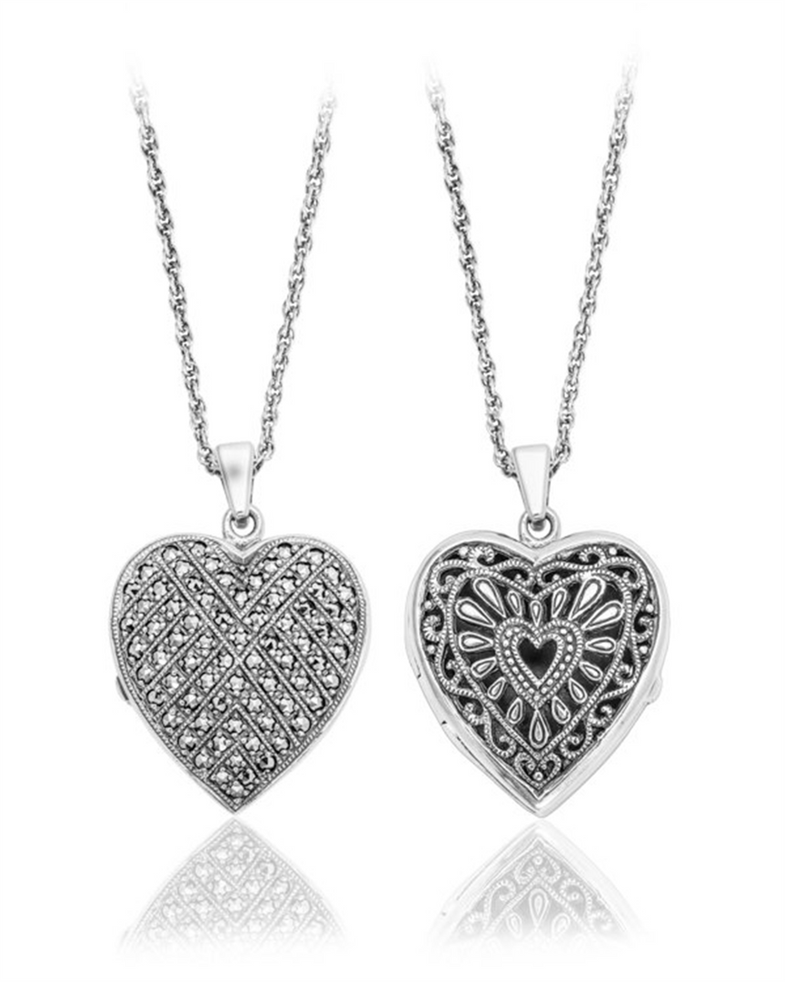 Sterling Silver Oxidized Heart Reversible Locket Pendant Necklace with