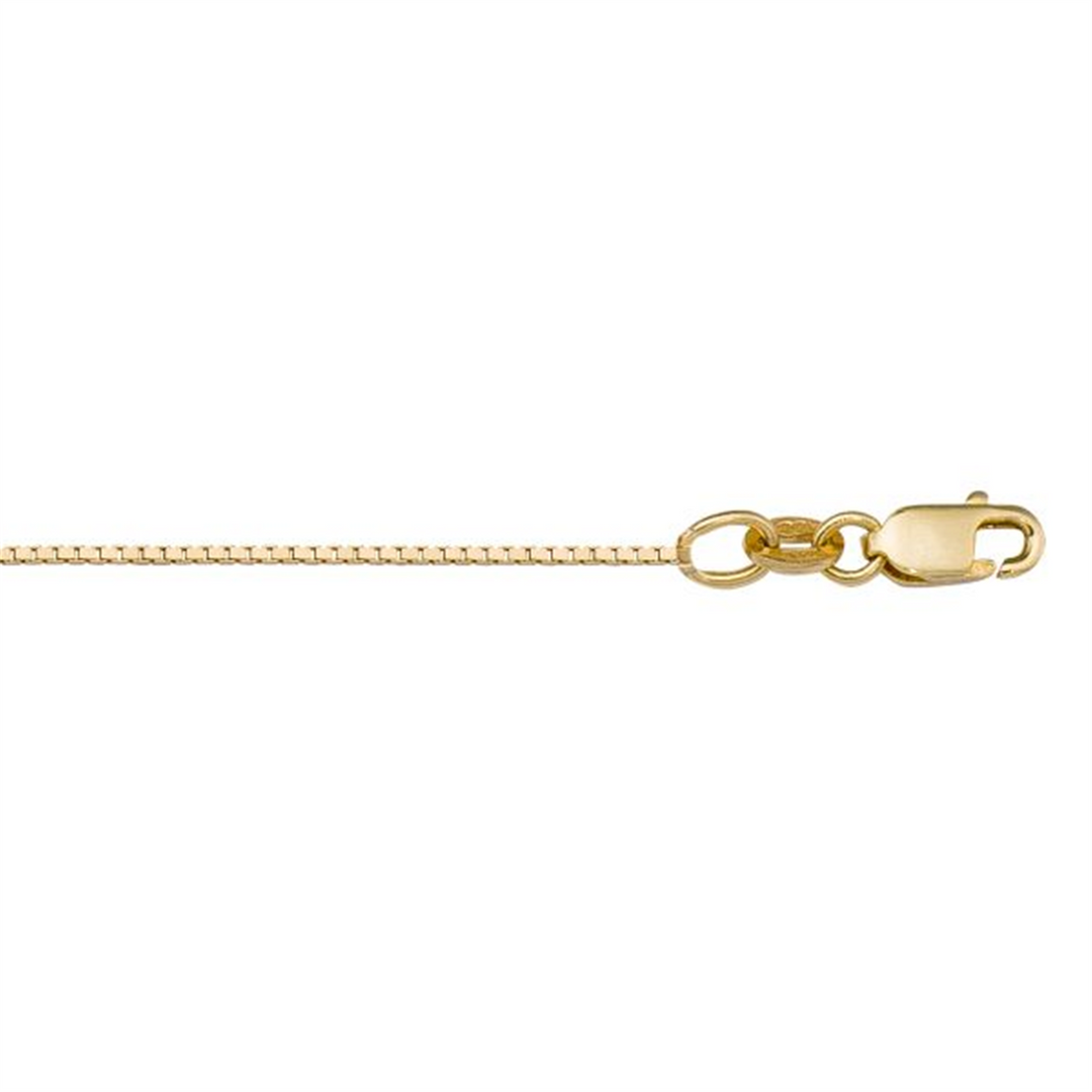 10K Yellow Gold Solid Box Chain 
Length: 18"
Width: 0.7mm
Finish: P