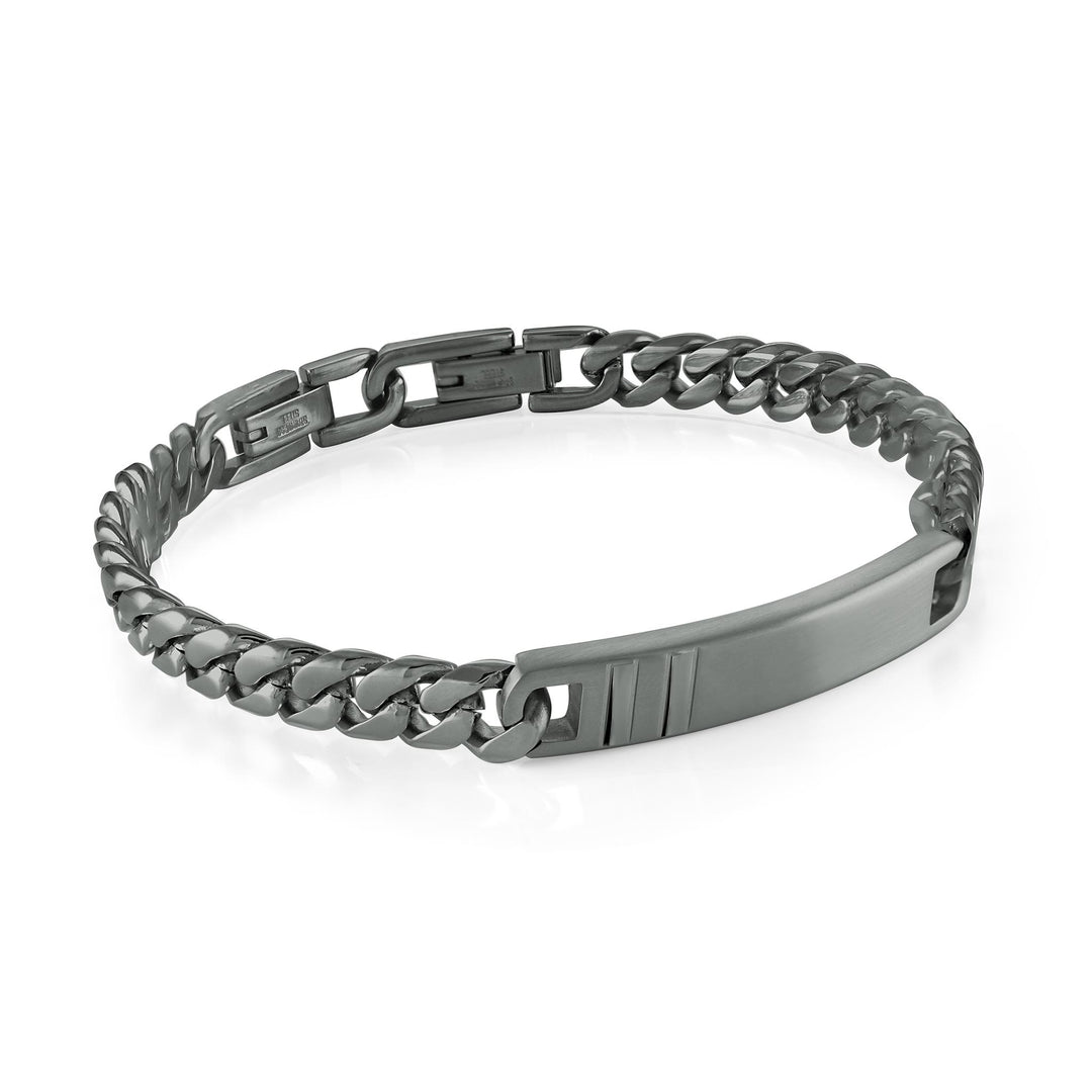 Gun-Metal Grey Stainless Steel Curb Bracelet 
Length: 8" + 0.5"
Widt