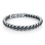 Load image into Gallery viewer, Black Stainless Steel Leather Curb Bracelet 
Length: 8.25&quot;
