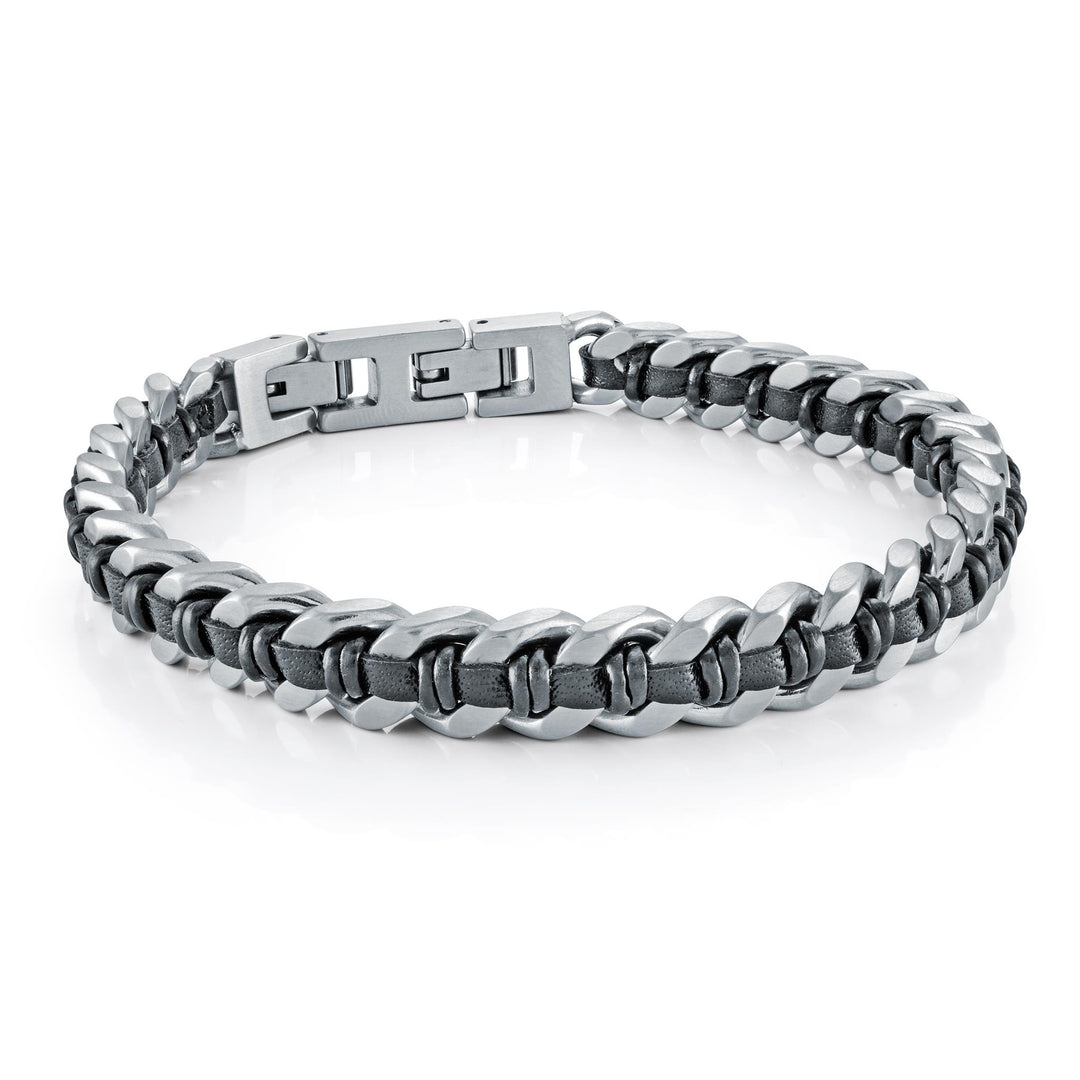 Black Stainless Steel Leather Curb Bracelet 
Length: 8.25"