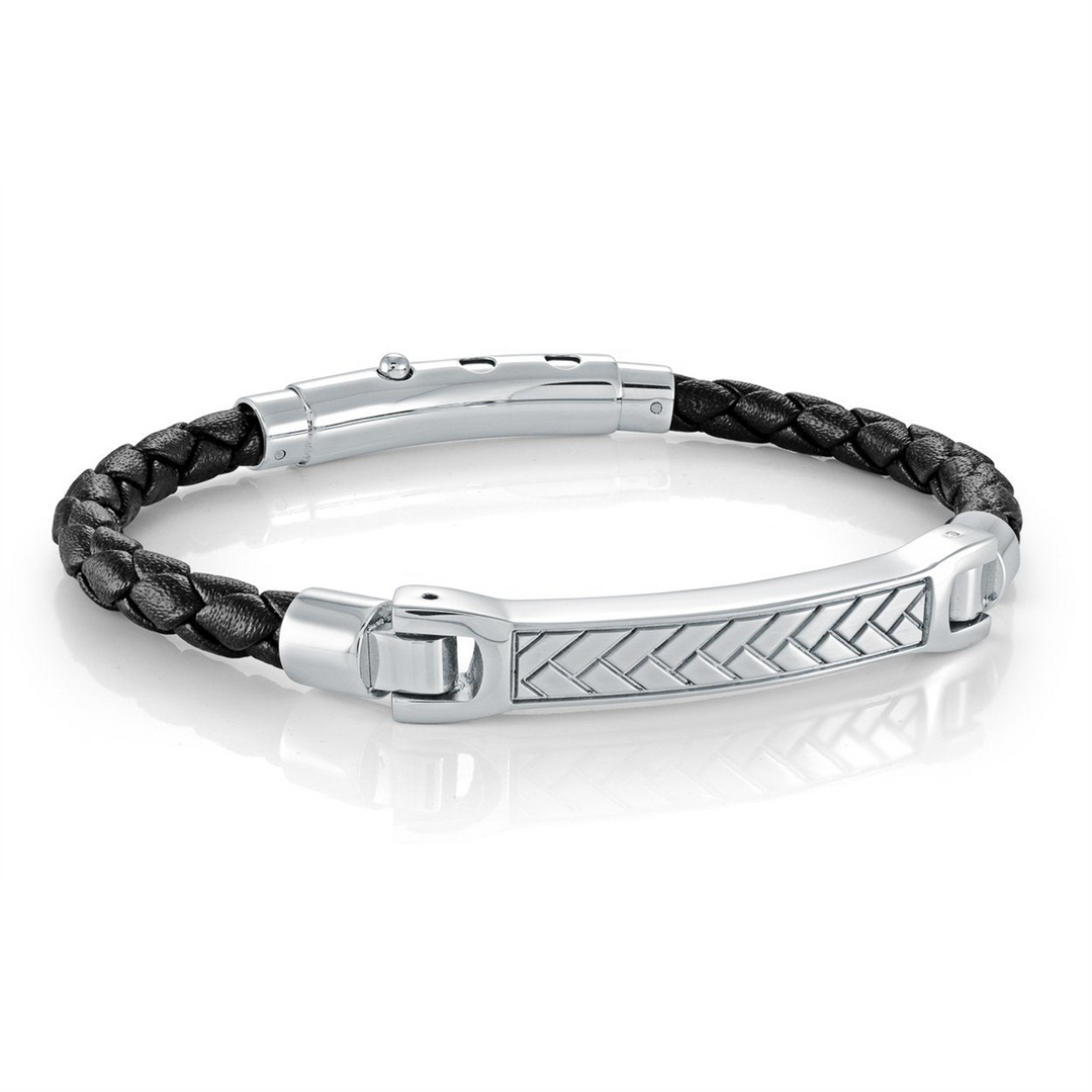 White Stainless Steel Black Leather Bracelet 
Length: 8" + 0.5"
Widt