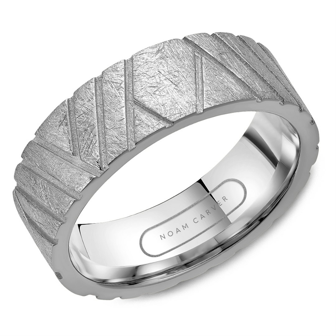 Men's White Gold Carved Band with Diamond Brushed Finish
