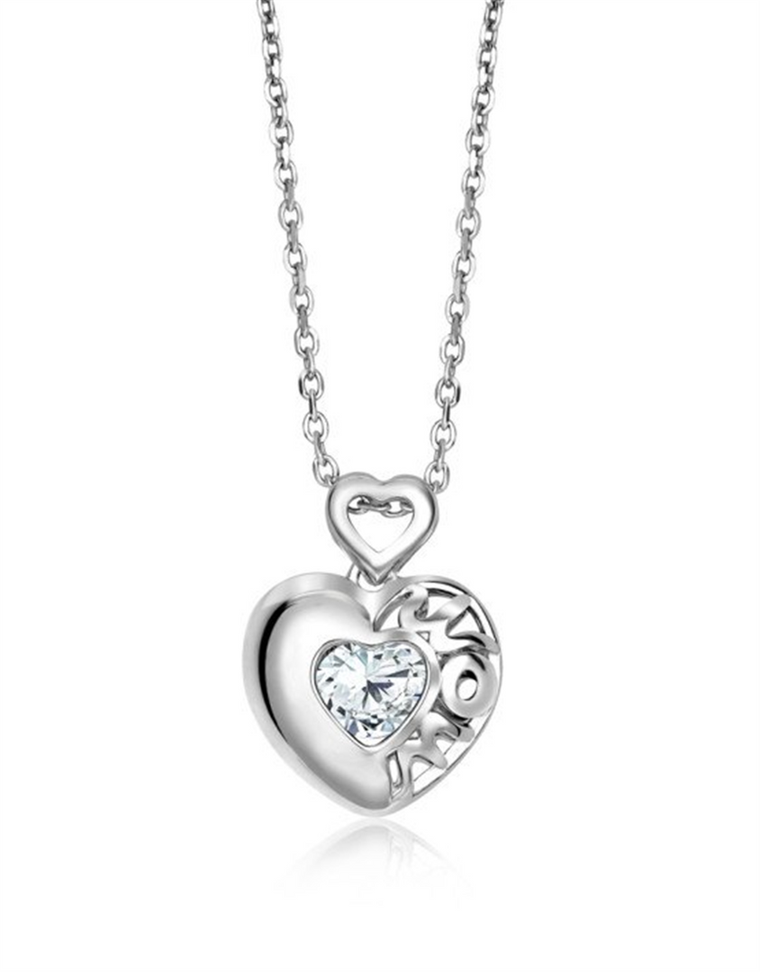 Sterling Silver MOM Heart Polished CZ Dancing Stone Pendant Necklace