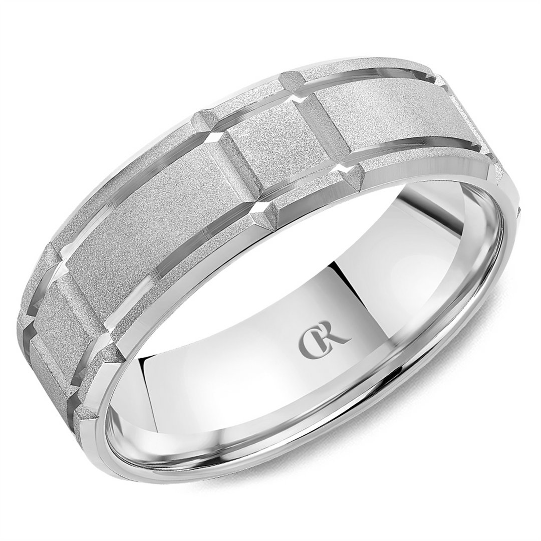 Men's White Gold Carved Band with Sandblast Finish 
Top Width: 7 mm