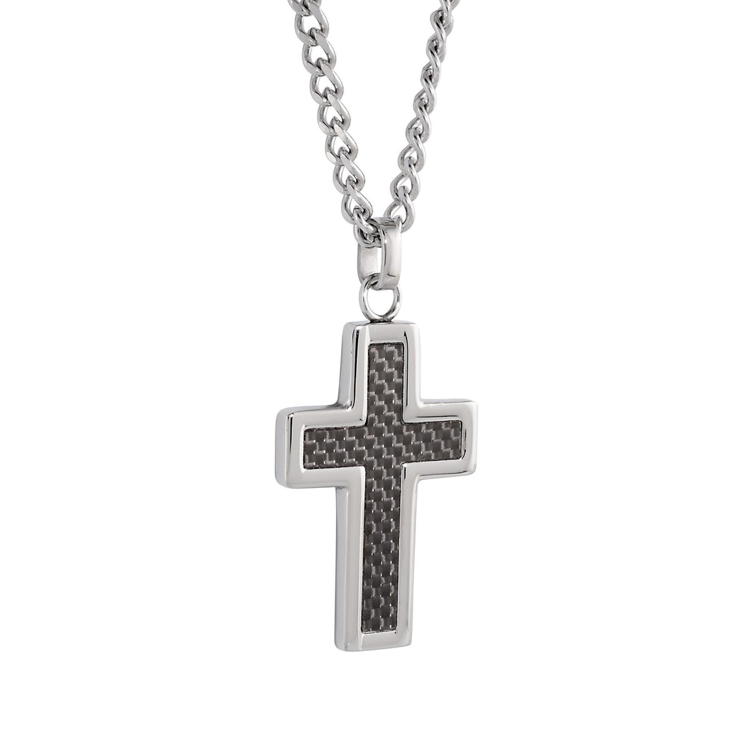 Polished Stainless Steel with Carbon Fibre Cross Necklace